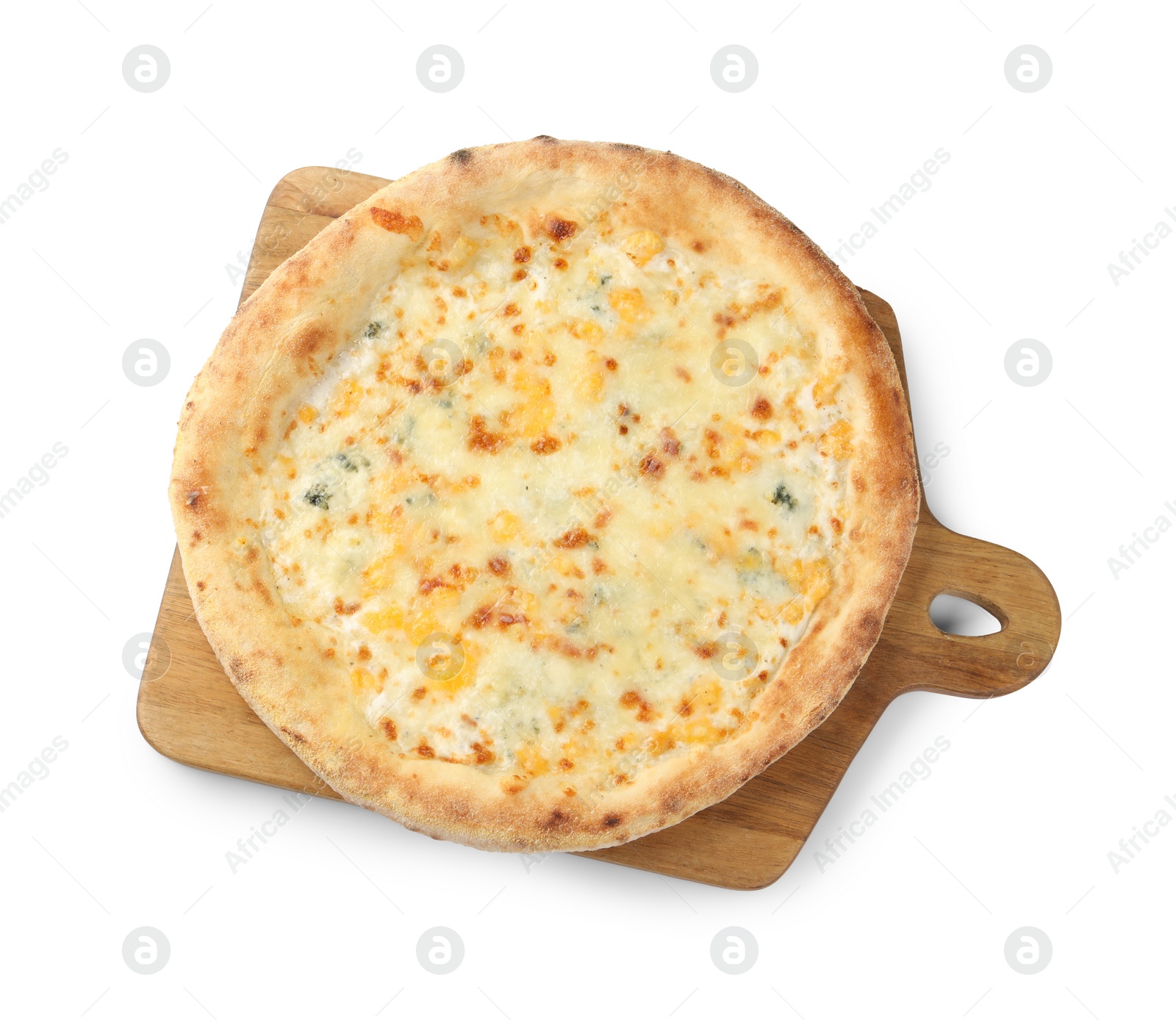 Photo of Delicious cheese pizza isolated on white, top view