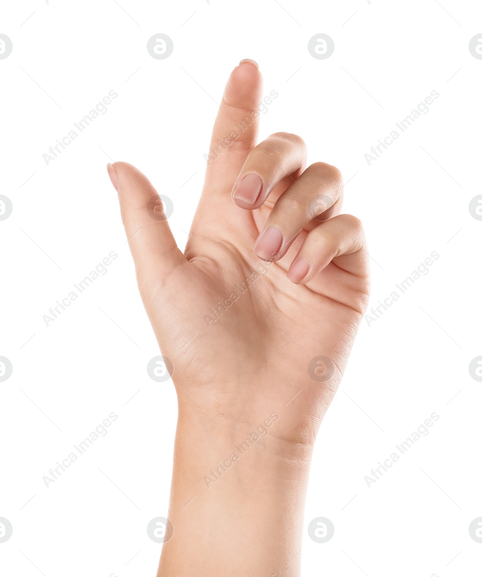 Photo of Woman holding something on white background, closeup of hand