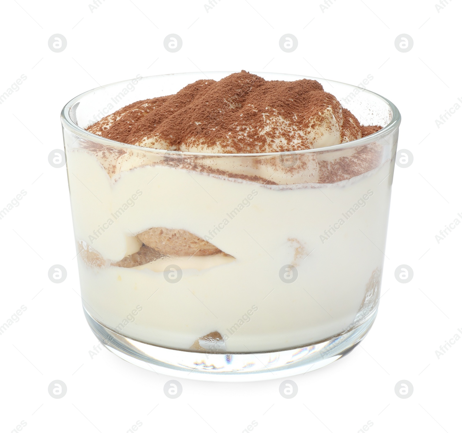 Photo of Delicious tiramisu in glass isolated on white