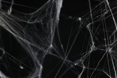 Photo of Creepy white cobweb on black background, closeup