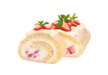 Photo of Delicious cake roll with strawberries and mint isolated on white