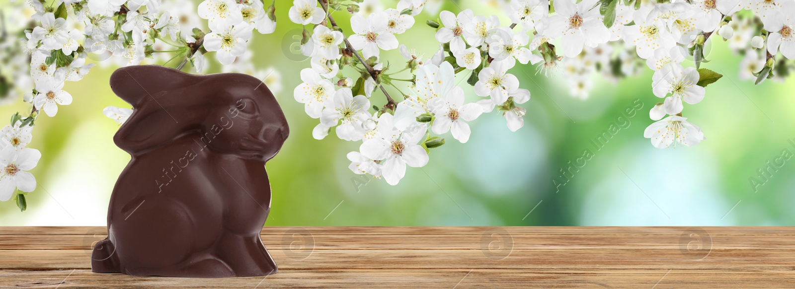 Image of Sweet chocolate bunny on wooden table outdoors, banner design. Easter celebration