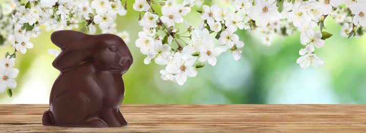 Image of Sweet chocolate bunny on wooden table outdoors, banner design. Easter celebration