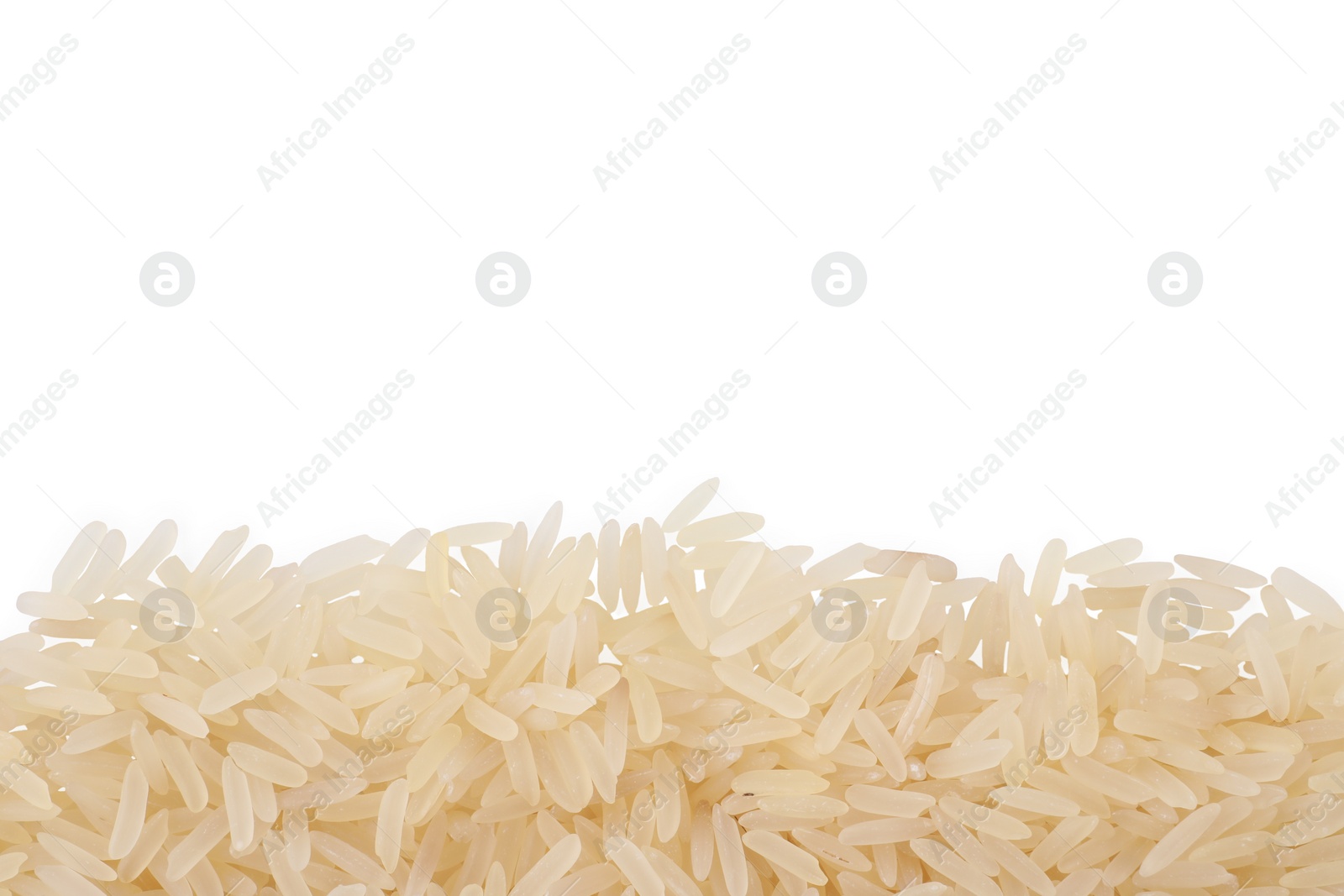 Photo of Raw rice isolated on white, top view