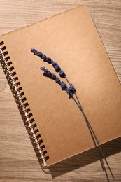 Photo of Beautiful preserved lavender flowers and notebook on wooden table, top view