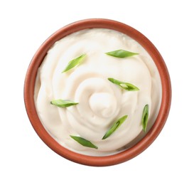 Photo of Mayonnaise with green onion in bowl isolated on white, top view