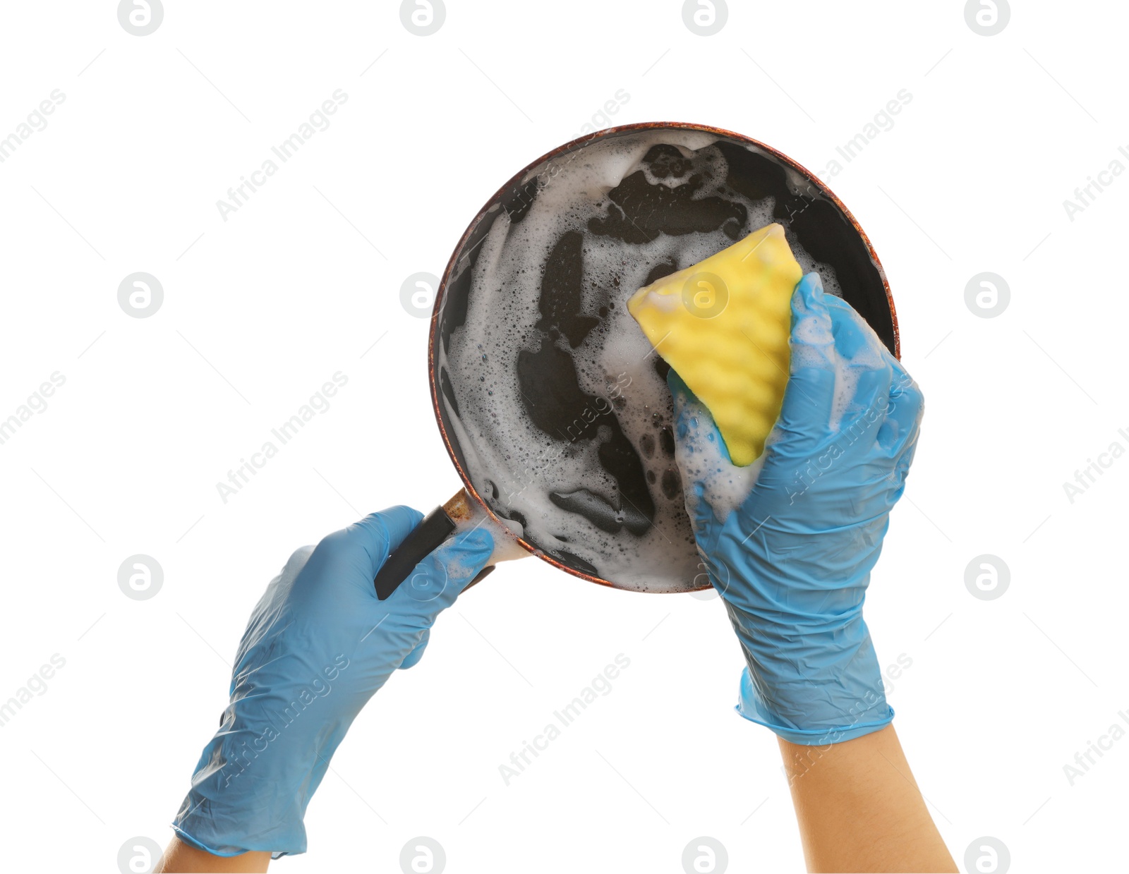 Photo of Woman washing dirty frying pan on white background, closeup