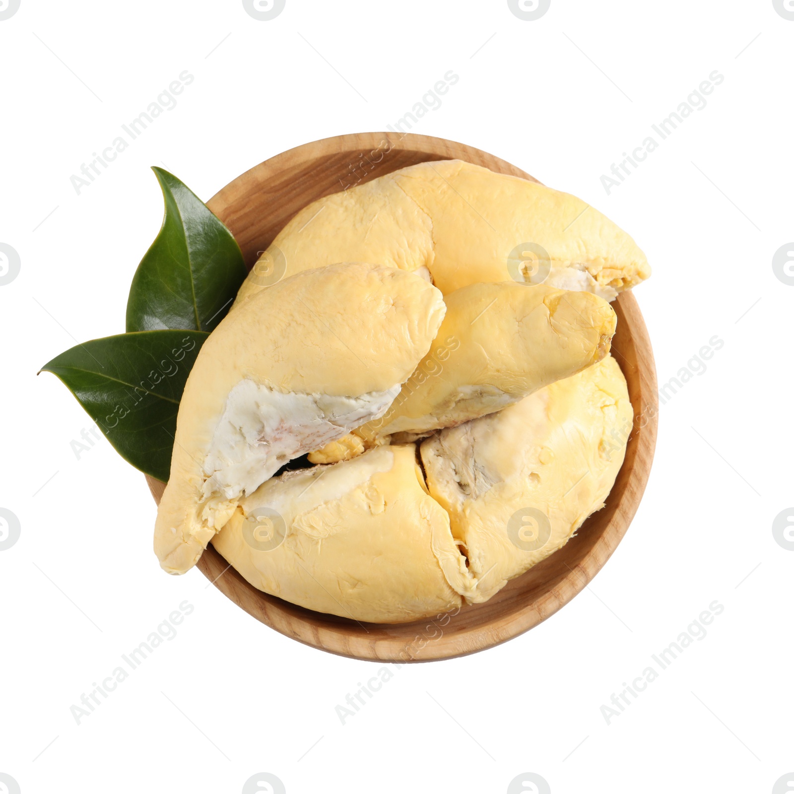 Photo of Wooden bowl with fresh ripe durian pieces and leaves isolated on white, top view