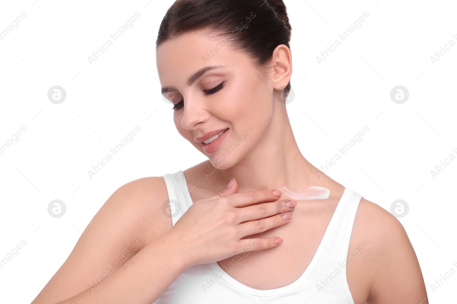 Photo of Beautiful woman with smear of body cream on white background