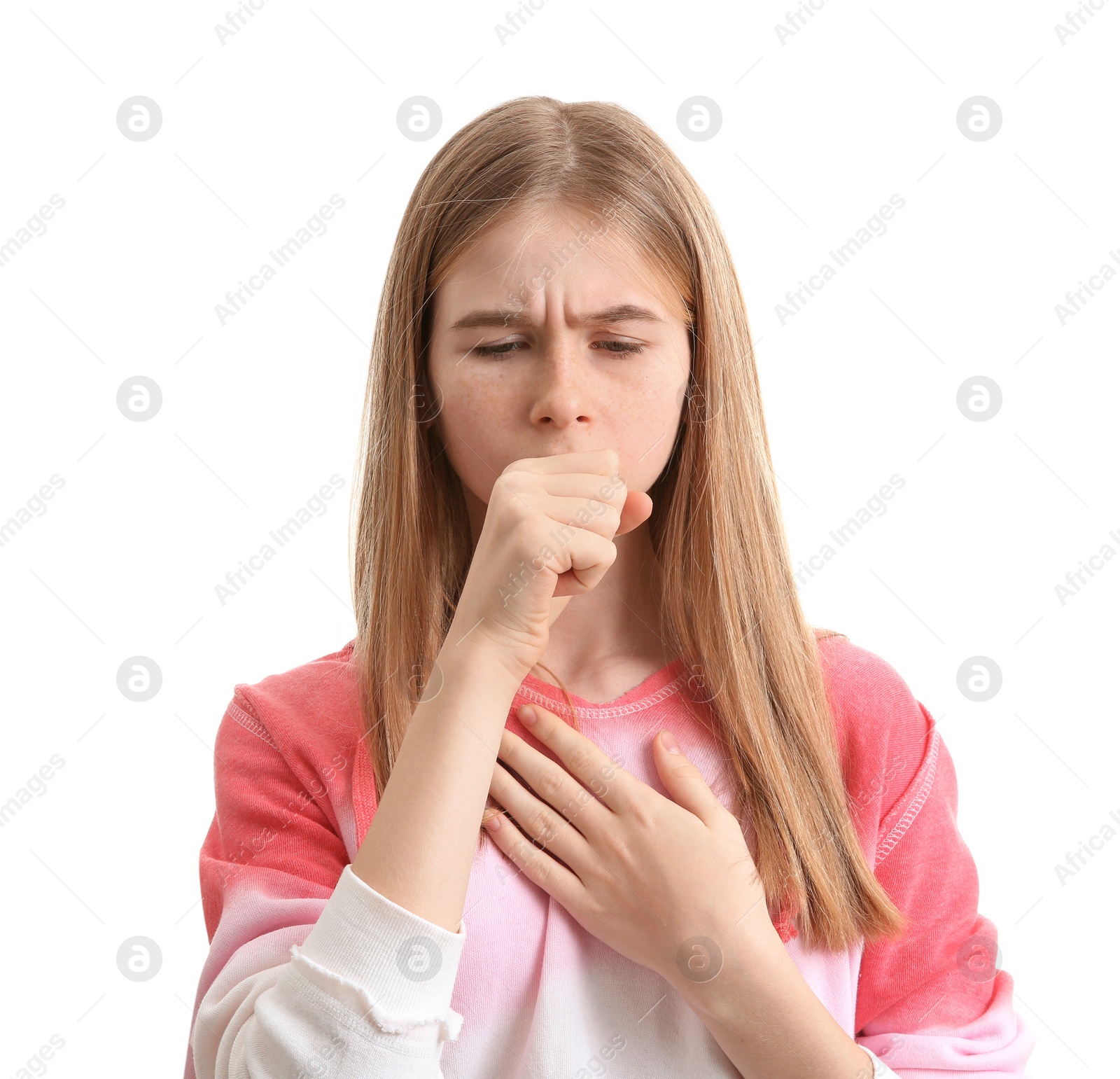 Photo of Teenage girl suffering from cough isolated on white