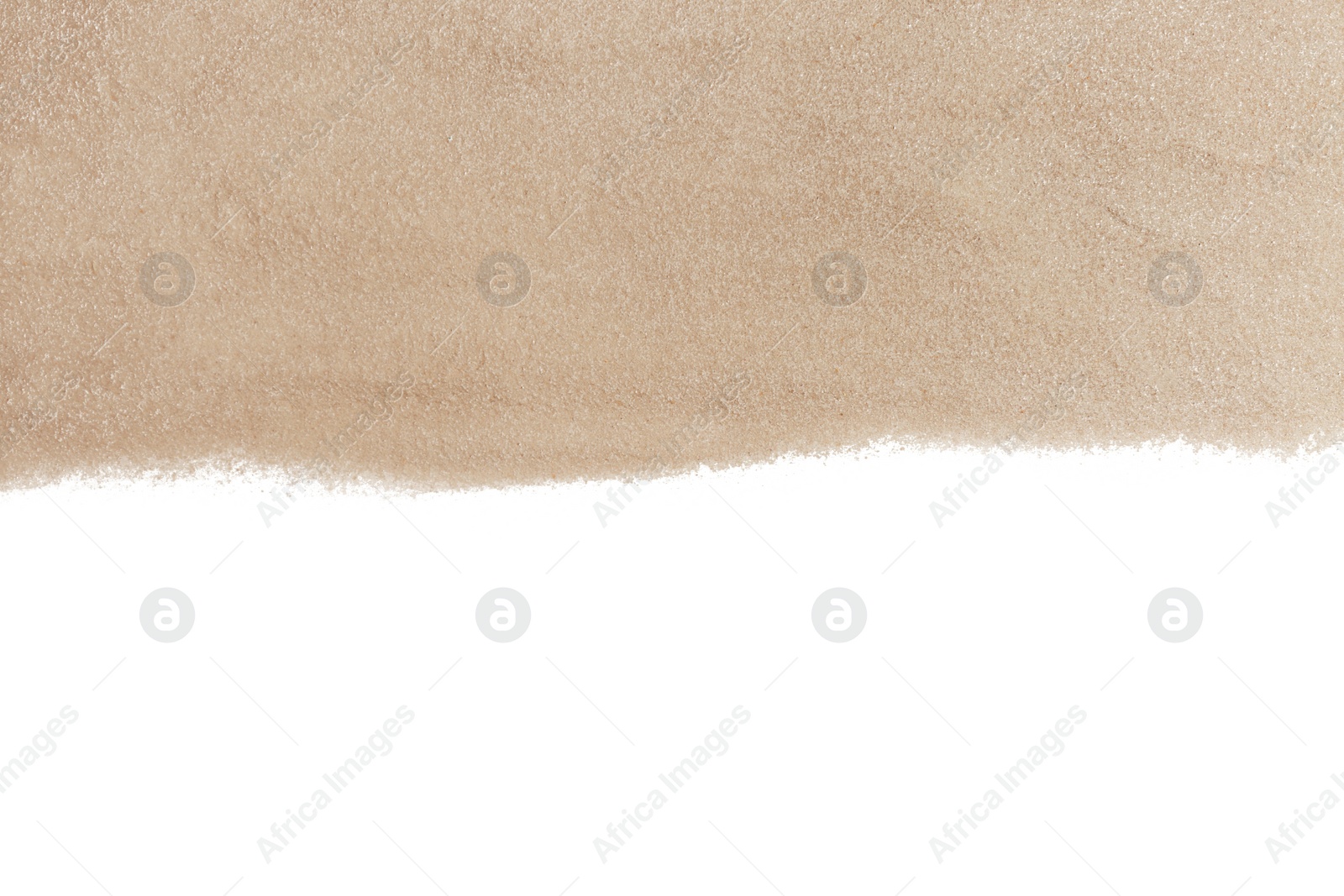 Photo of Dry beach sand on white background, top view. Space for text