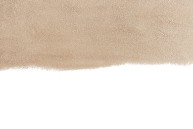 Photo of Dry beach sand on white background, top view. Space for text