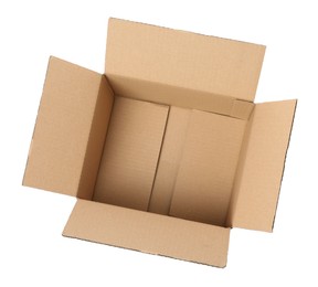 Empty open cardboard box isolated on white, top view