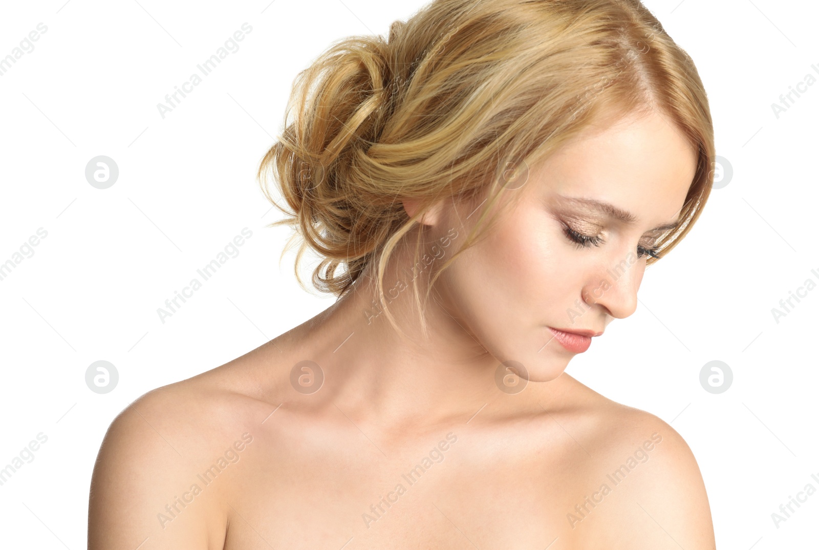 Photo of Portrait of beautiful woman with blonde hair on white background