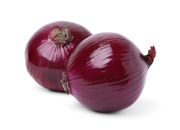 Photo of Two fresh red onions on white background