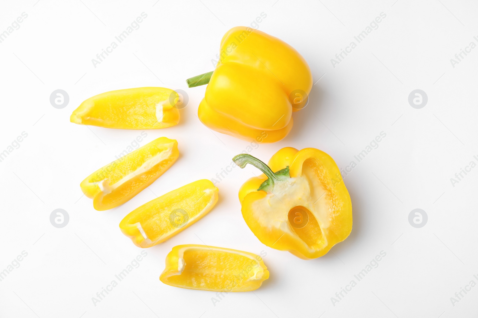 Photo of Raw ripe paprika peppers on white background, top view