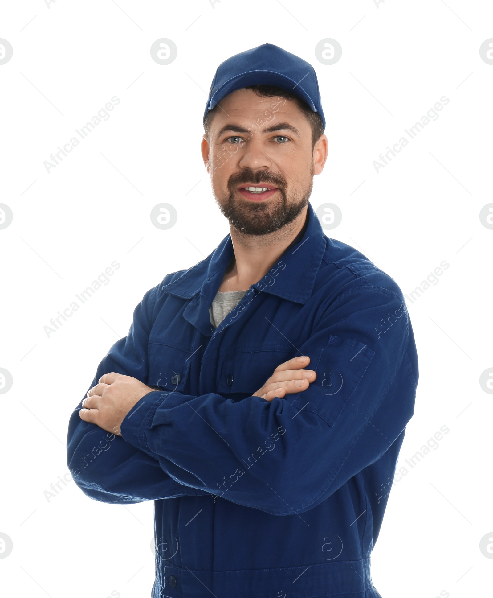 Photo of Portrait of professional auto mechanic on white background