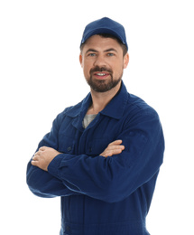 Photo of Portrait of professional auto mechanic on white background