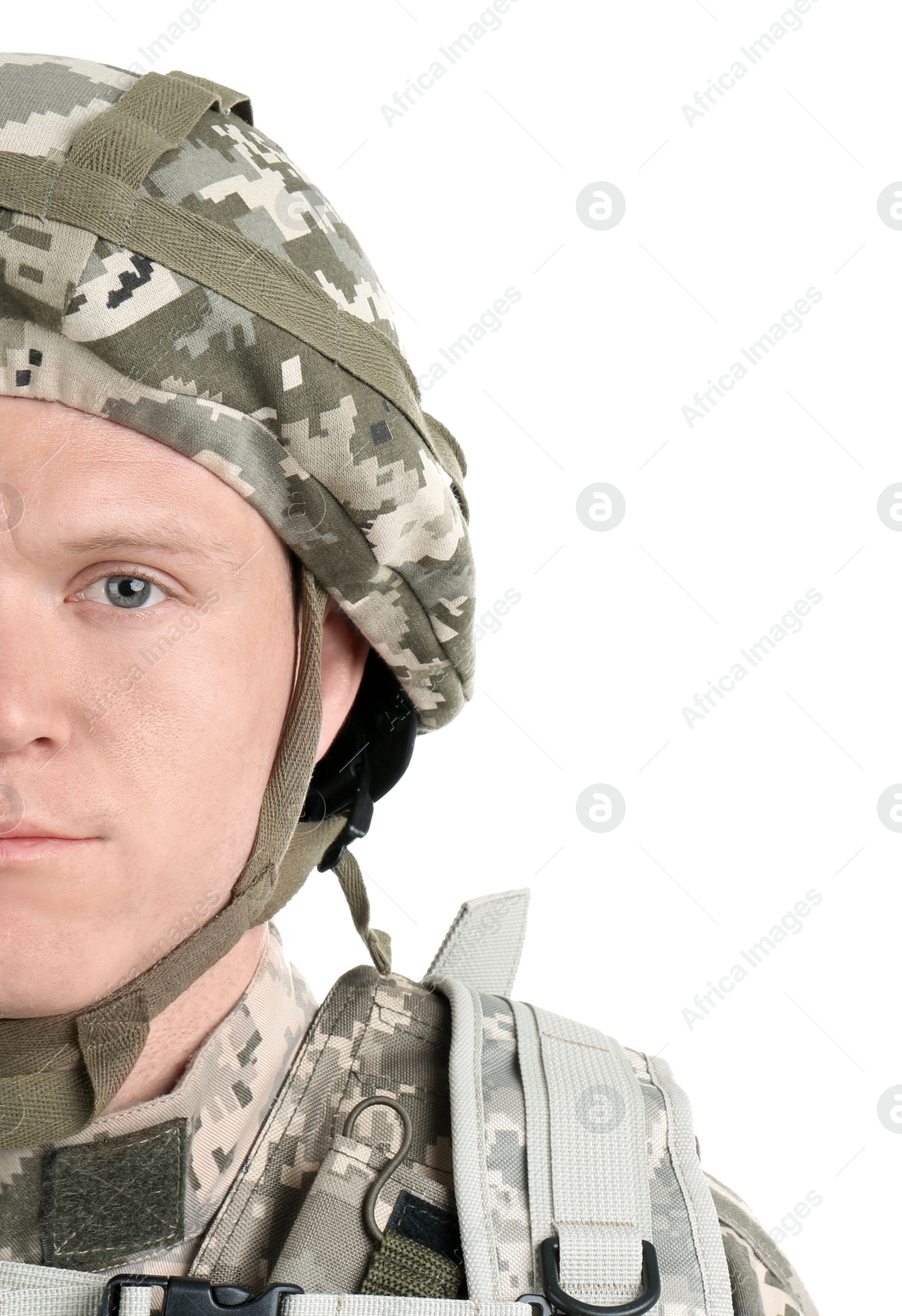 Photo of Male soldier on white background. Military service