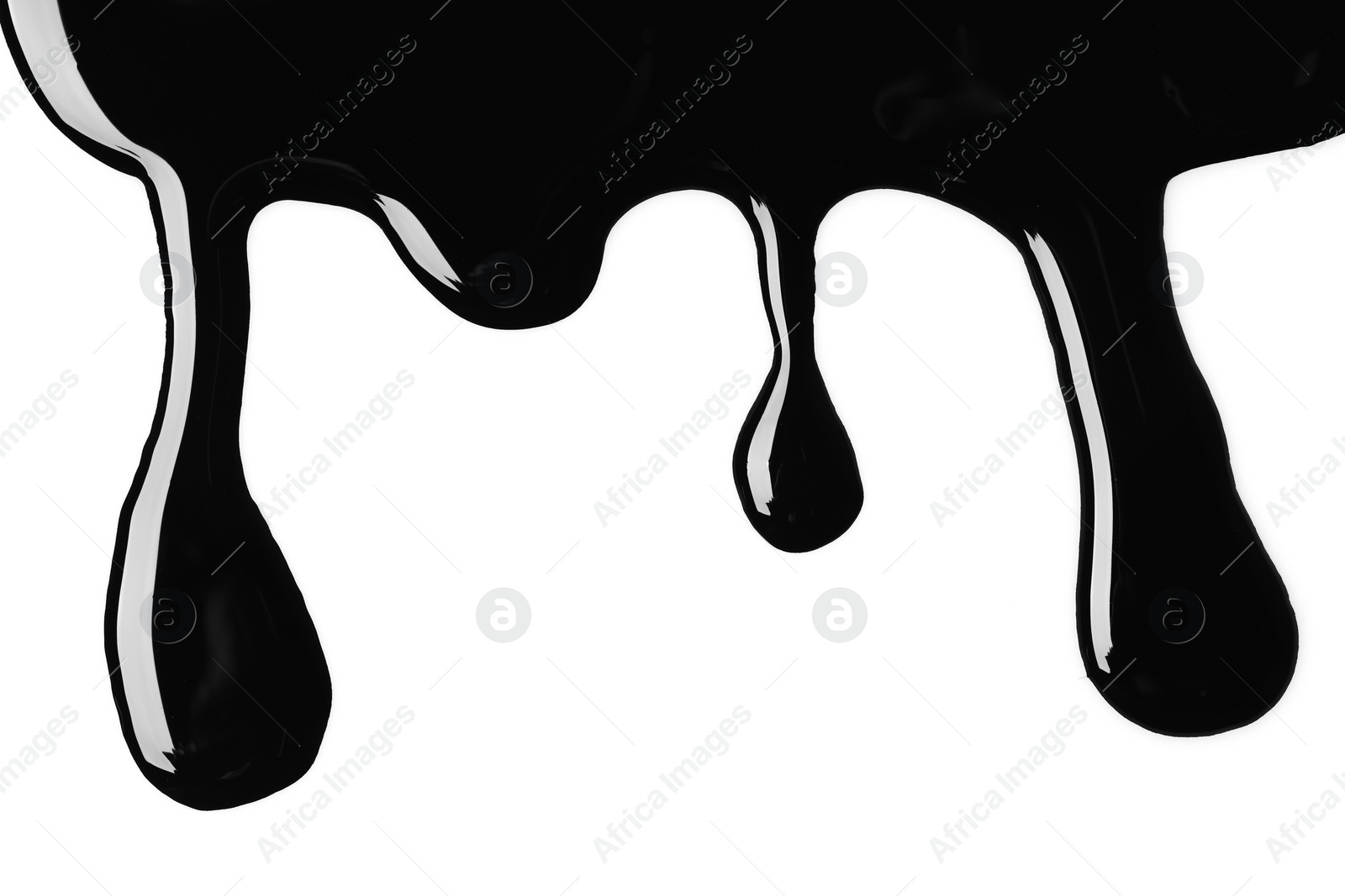 Photo of Drops of black glossy paint on white background, top view