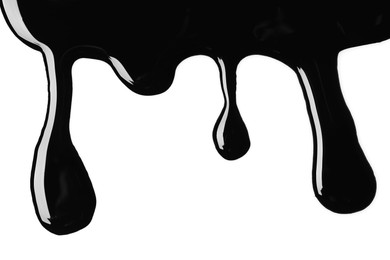 Photo of Drops of black glossy paint on white background, top view