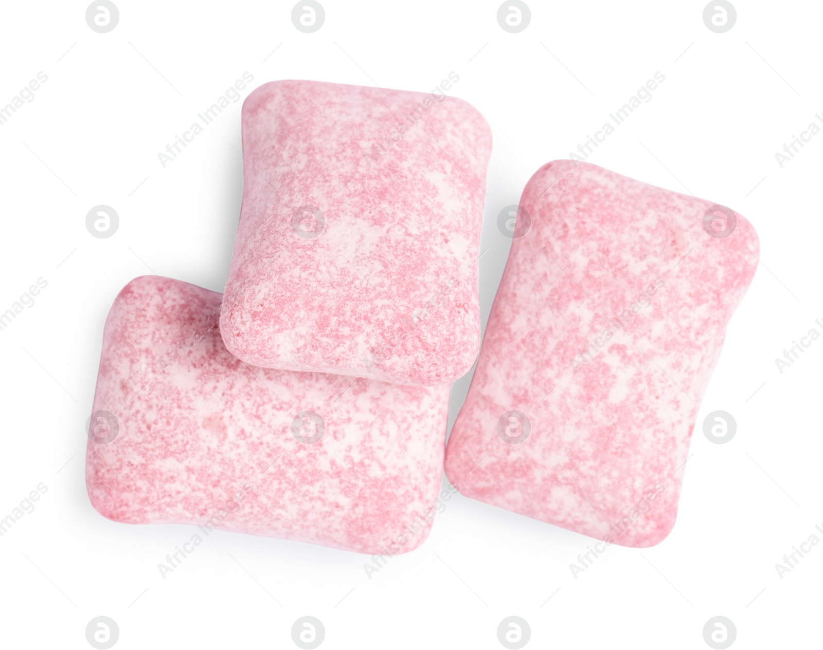 Photo of Tasty pink bubble gums isolated on white, top view