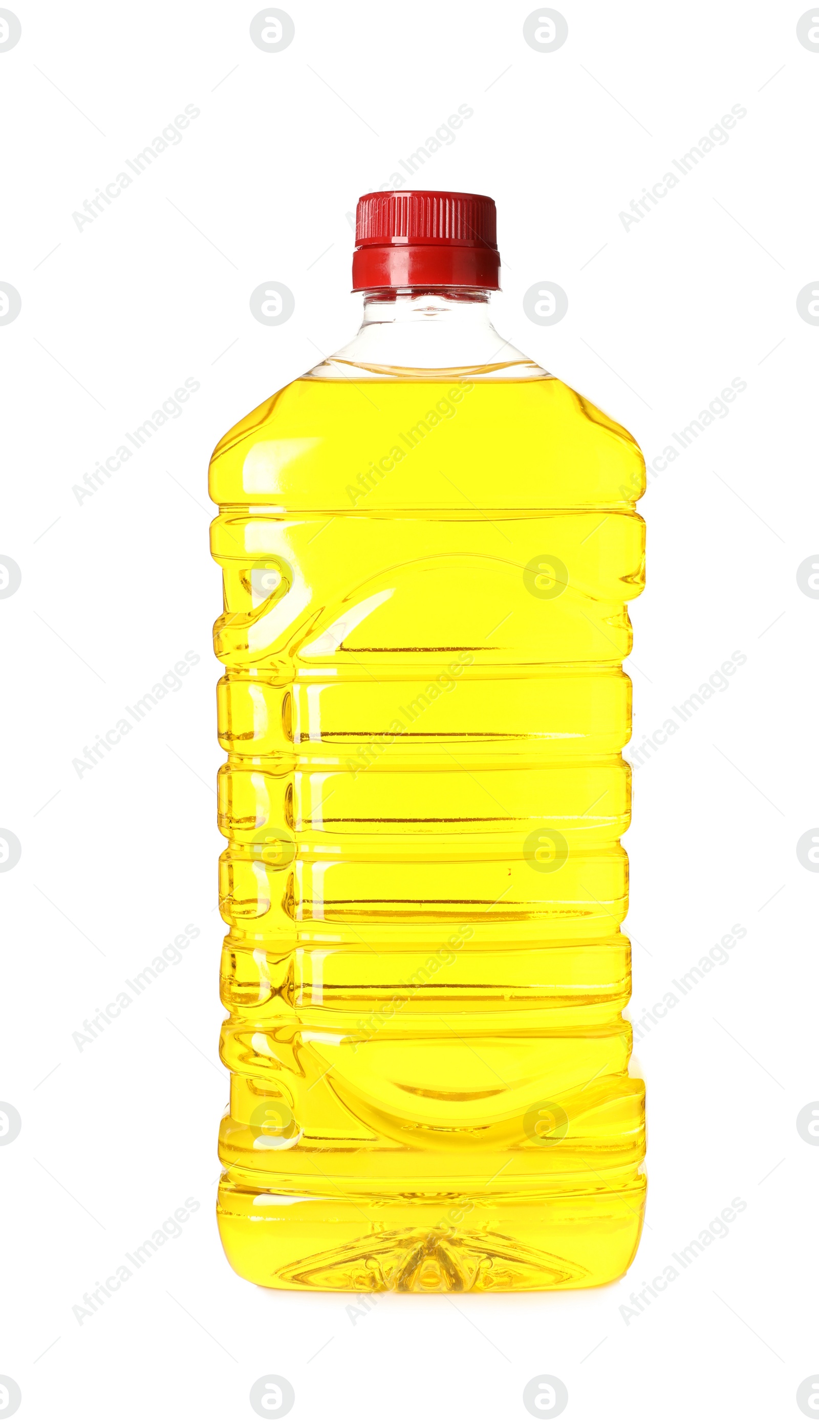 Photo of Plastic bottle of oil on white background