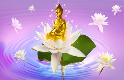 Image of Buddha figure with lotus flowers on water