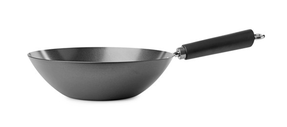 Photo of One empty metal wok isolated on white