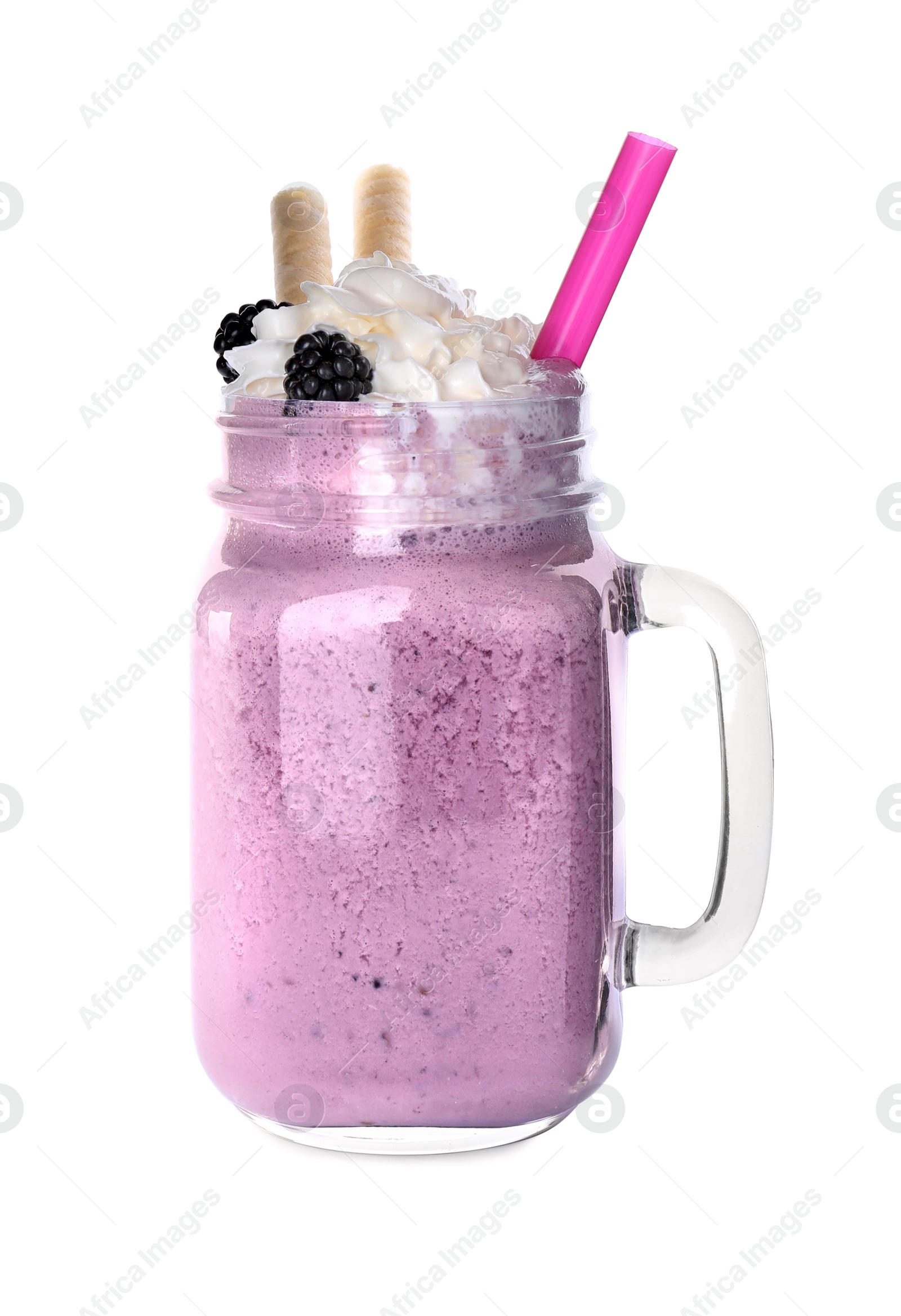 Photo of Fresh tasty milk shake in mason jar on white background