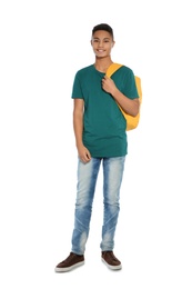 Photo of African-American teenager boy in casual clothes on white background