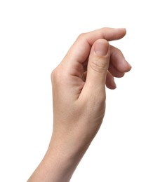 Woman showing hand on white background, closeup