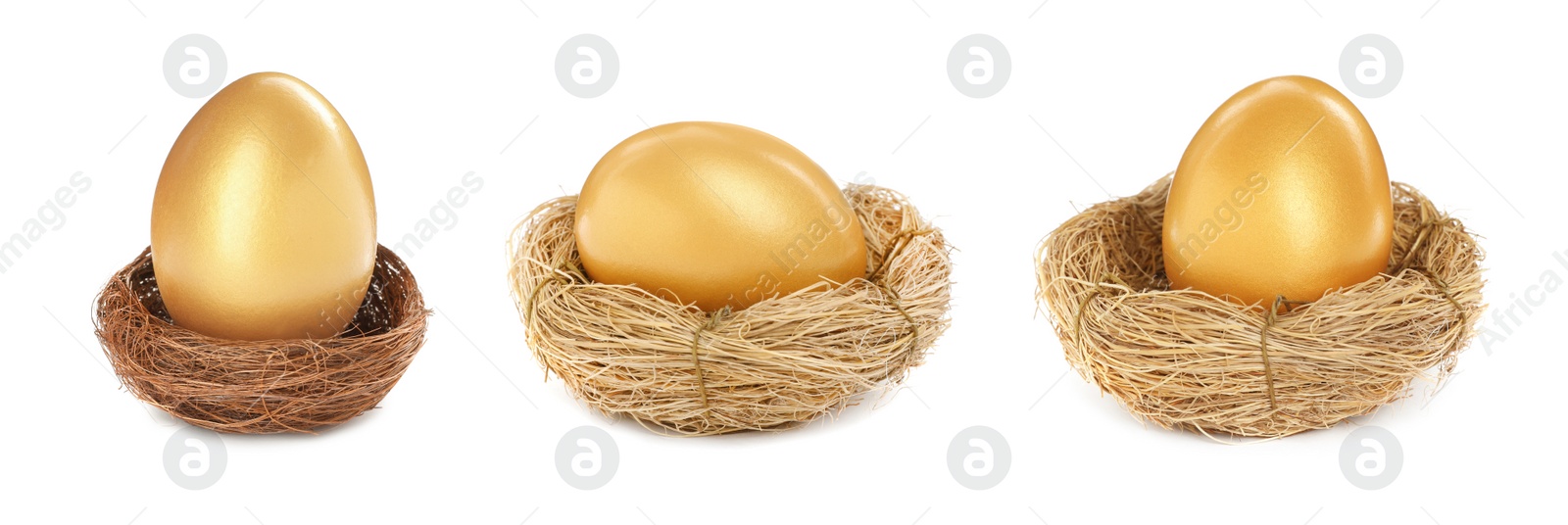 Image of Set with shiny golden eggs on white background. Banner design