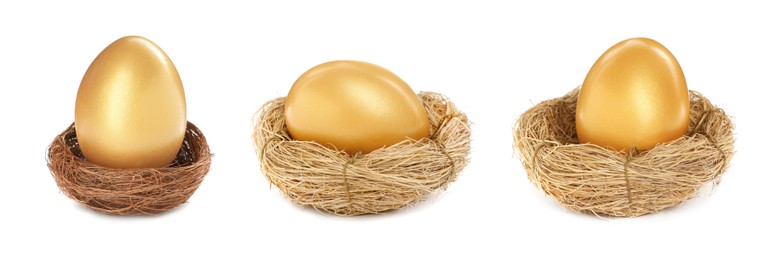 Image of Set with shiny golden eggs on white background. Banner design