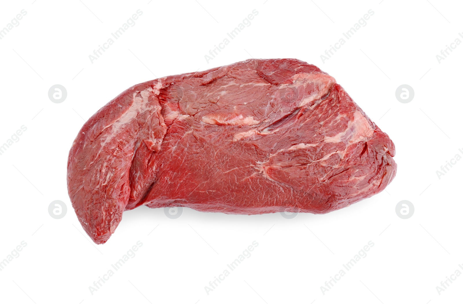 Photo of Piece of raw beef meat isolated on white, top view