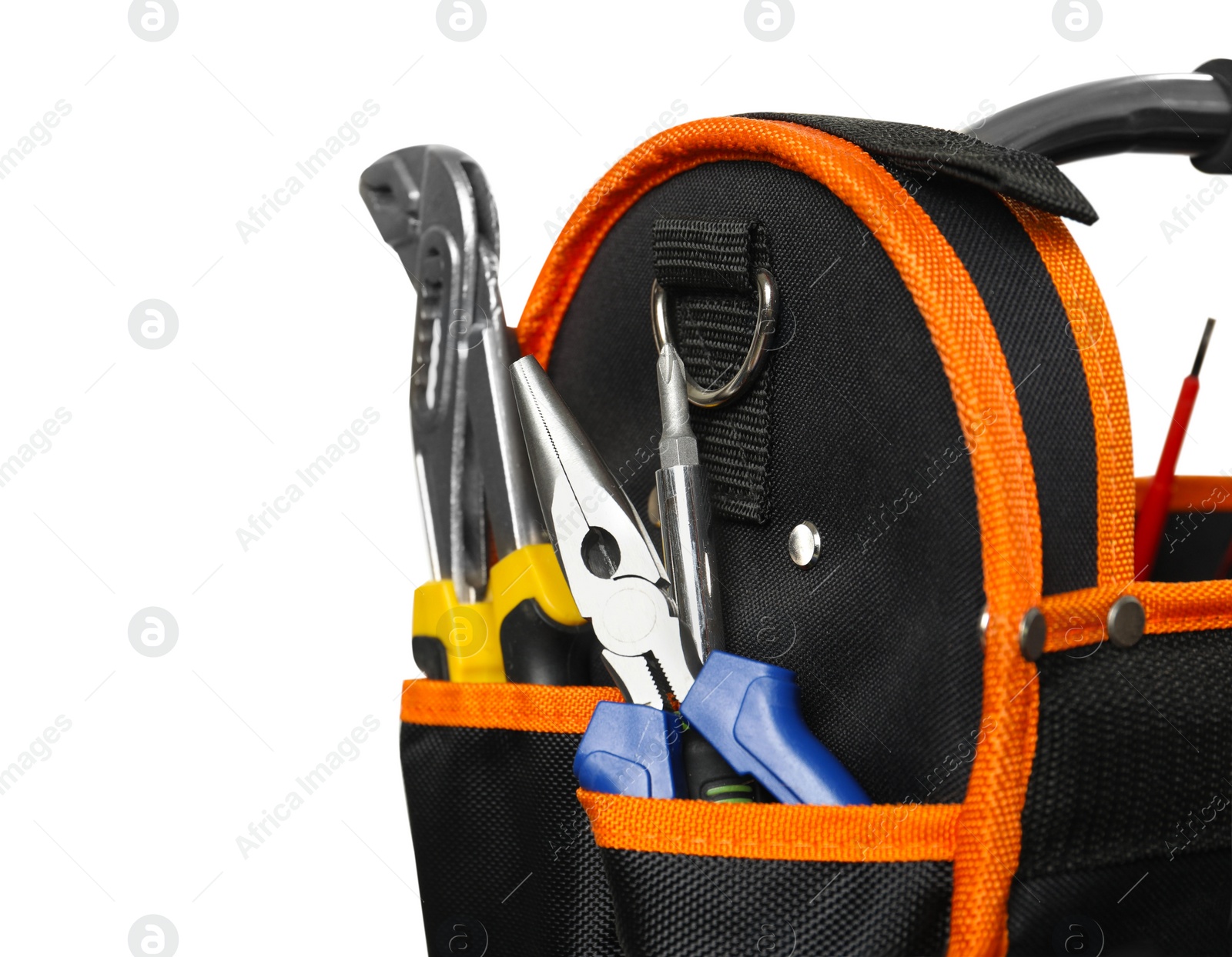 Photo of Bag with needle nose pliers, screwdriver and other tools for repair isolated on white