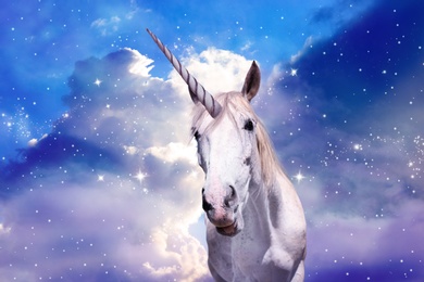 Image of Magic unicorn in fantastic starry sky with fluffy clouds