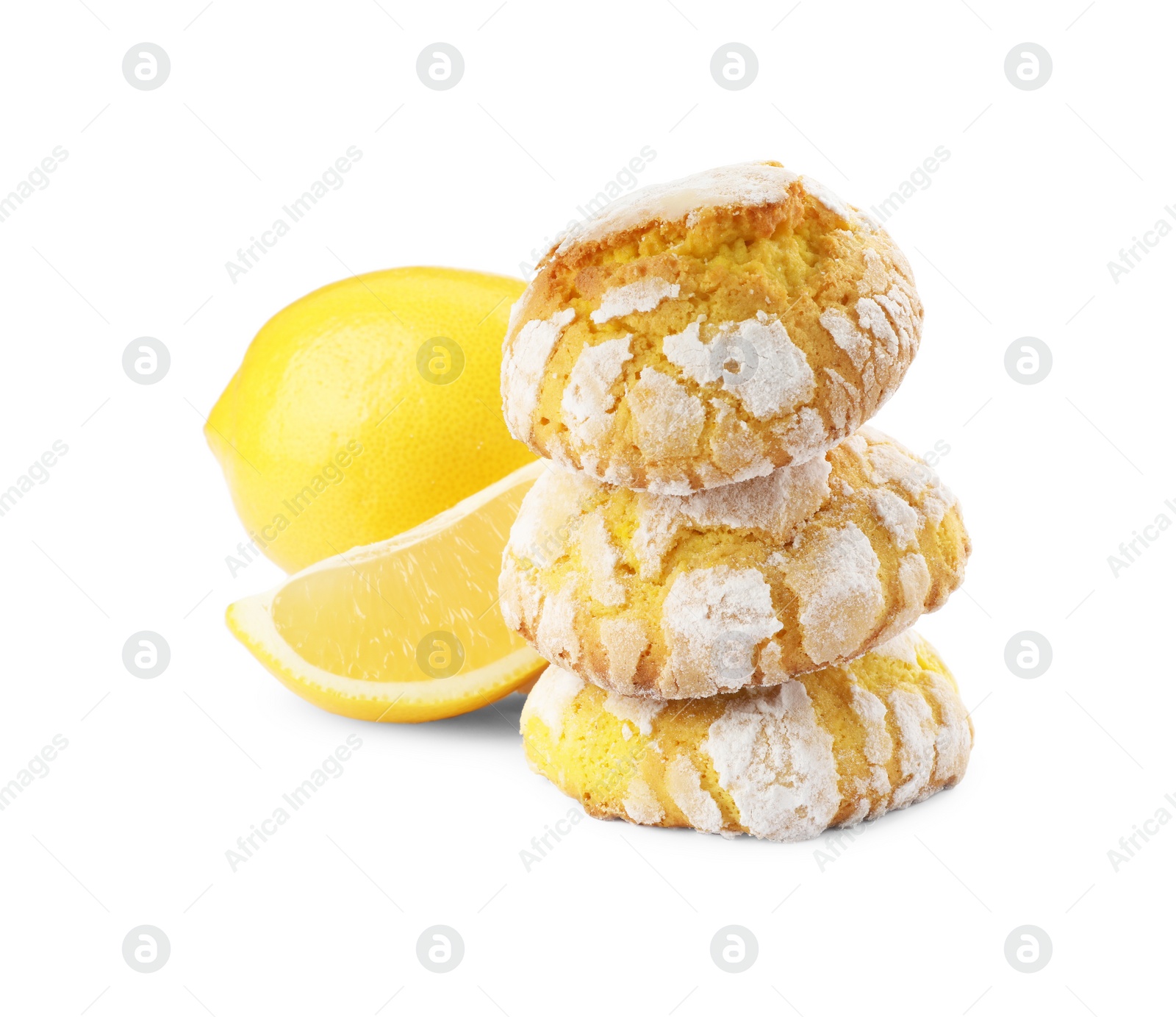 Photo of Tasty homemade lemon cookies and fresh fruits on white background