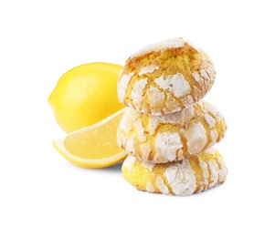 Photo of Tasty homemade lemon cookies and fresh fruits on white background