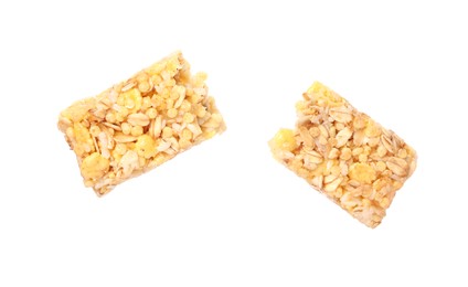 Photo of Pieces of tasty granola bar isolated on white