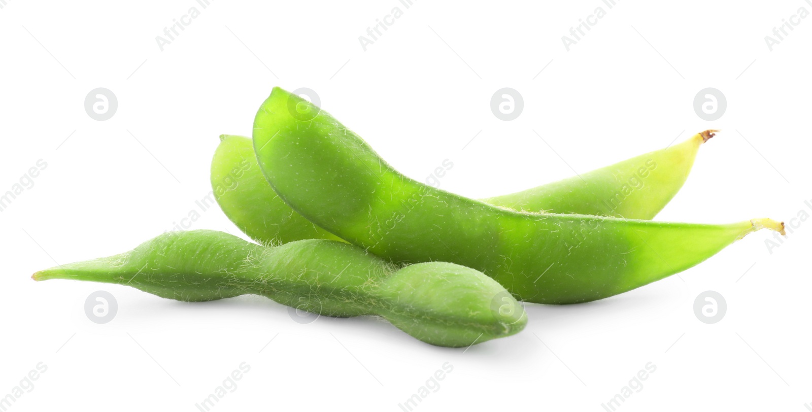 Photo of Raw green edamame pods on white background