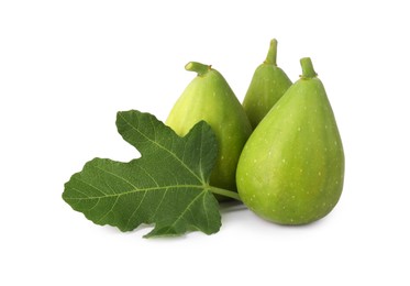 Photo of Many ripe green figs with leaf isolated on white