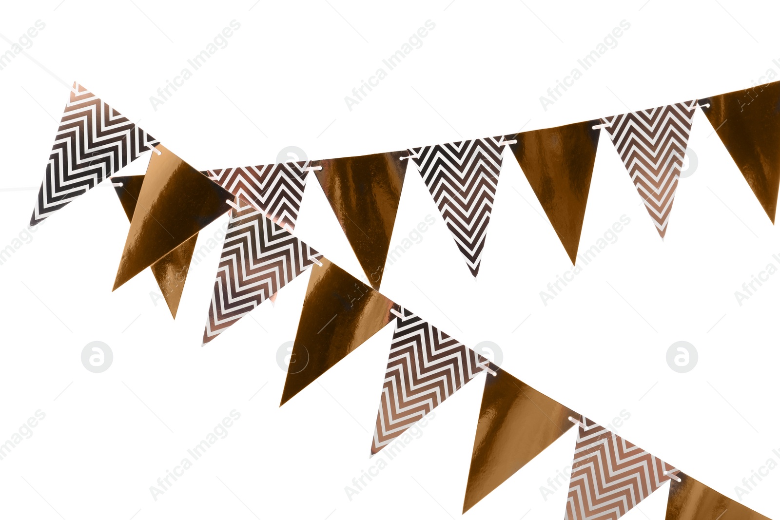 Photo of Rows of triangular bunting flags on white background. Festive decor