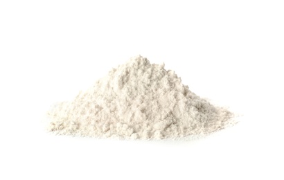 Photo of Pile of wheat flour isolated on white