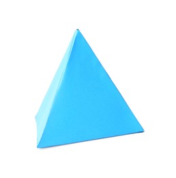 Photo of Light blue paper pyramid isolated on white. Origami art