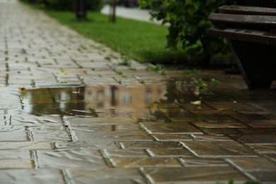 Photo of Puddle after rain on street tiles outdoors, closeup