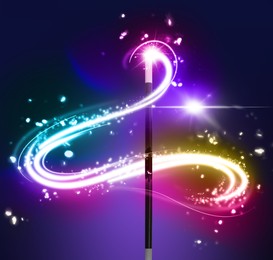 Conjuring spell with magic wand on color background