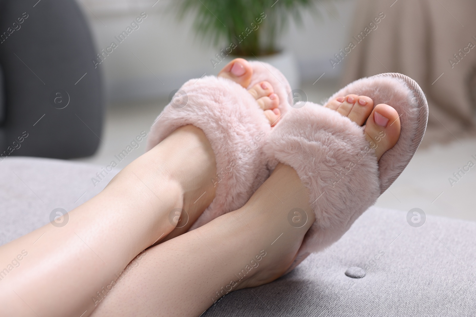 Photo of Woman in pink soft slippers resting at home, closeup