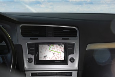 Image of View of dashboard with navigation system in modern car