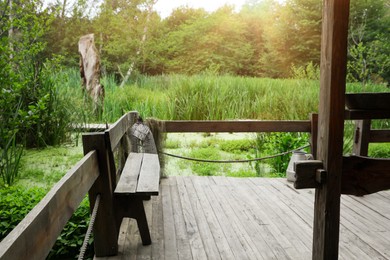 Rustic wooden bench on terrace near swamp